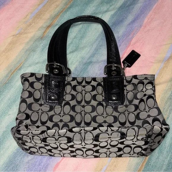 Coach Signature Tote Bag Satchel Shoulder Handbag Grey/Black - Picture 4 of 13